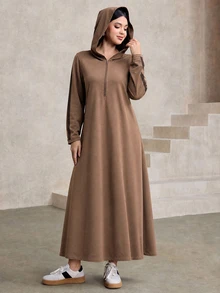 Graceveil Dress Sweatshirt Kasual Sopan Berkerudung Setengah Ritsleting Lengan Panjang Motif Colorblock untuk Sehari-hari dan Traveling Warna Cokelat Kopi Musim Gugur - Coklat - View 7