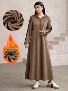Graceveil Dress Sweatshirt Kasual Sopan Berkerudung Setengah Ritsleting Lengan Panjang Motif Colorblock untuk Sehari-hari dan Traveling Warna Cokelat Kopi Musim Gugur - Coklat - View 3