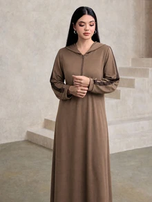Graceveil Dress Sweatshirt Kasual Sopan Berkerudung Setengah Ritsleting Lengan Panjang Motif Colorblock untuk Sehari-hari dan Traveling Warna Cokelat Kopi Musim Gugur - Coklat - View 4