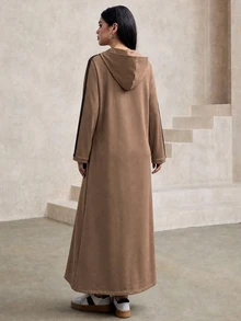 Graceveil Dress Sweatshirt Kasual Sopan Berkerudung Setengah Ritsleting Lengan Panjang Motif Colorblock untuk Sehari-hari dan Traveling Warna Cokelat Kopi Musim Gugur - Coklat - View 2