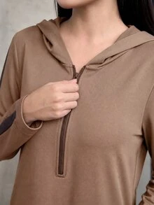 Graceveil Dress Sweatshirt Kasual Sopan Berkerudung Setengah Ritsleting Lengan Panjang Motif Colorblock untuk Sehari-hari dan Traveling Warna Cokelat Kopi Musim Gugur - Coklat - View 6