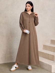 Graceveil Dress Sweatshirt Kasual Sopan Berkerudung Setengah Ritsleting Lengan Panjang Motif Colorblock untuk Sehari-hari dan Traveling Warna Cokelat Kopi Musim Gugur - Coklat - View 5