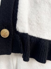 SHEIN Setelan 2 Potong Wanita: Kardigan Rajut Berkerut Kerah V Kancing Tunggal dengan Celana Panjang Lurus Warna Kontras, Cocok untuk Acara Santai di Kantor, Warna Putih dan Hitam, Elegan untuk Musim Gugur. - Hitam dan Putih - View 9