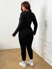SHEIN EZwear Jumpsuit Ukuran Besar Warna Polos Serbaguna dengan Resleting dan Kantong untuk Musim Gugur - Hitam - View 5