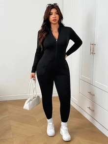 SHEIN EZwear Jumpsuit Ukuran Besar Warna Polos Serbaguna dengan Resleting dan Kantong untuk Musim Gugur - Hitam - View 3