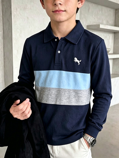 SHEIN Casuvi Kids 1pc Boys' Autumn/Winter Polo Shirt, Patchwork Long Sleeve, Simple Fashionable Turn-Down Collar, White, Comfortable Fabric, Suitable For Back To School Season, Also Suitable For Casual Sports And Multiple Occasions