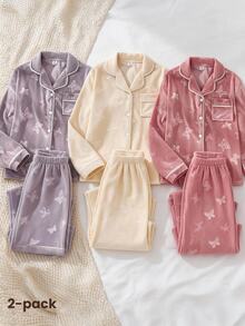 SHEIN 青少年女孩睡衣，休閒舒適柔軟蝴蝶結與花卉圖案韓式抓絨布料長袖長褲兩件套居家服 - 彩色 - 查看 1