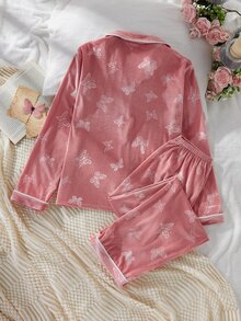 SHEIN 青少年女孩睡衣，休閒舒適柔軟蝴蝶結與花卉圖案韓式抓絨布料長袖長褲兩件套居家服 - 彩色 - 查看 3