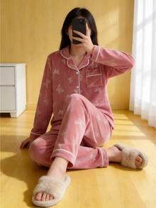 SHEIN 青少年女孩睡衣，休閒舒適柔軟蝴蝶結與花卉圖案韓式抓絨布料長袖長褲兩件套居家服 - 彩色 - 查看 5