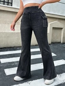 SHEIN ICON 大尺碼女款秋冬保暖 Y2K 黑色高腰喇叭牛仔褲，復古休閒工裝口袋彈性喇叭褲，針織牛仔面料 - 黑色 - 查看 4