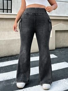 SHEIN ICON 大尺碼女款秋冬保暖 Y2K 黑色高腰喇叭牛仔褲，復古休閒工裝口袋彈性喇叭褲，針織牛仔面料 - 黑色 - 查看 3