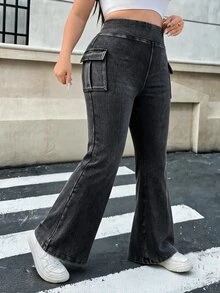 SHEIN ICON 大尺碼女款秋冬保暖 Y2K 黑色高腰喇叭牛仔褲，復古休閒工裝口袋彈性喇叭褲，針織牛仔面料 - 黑色 - 查看 7