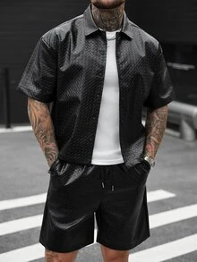 SLATEMANN 男士街头时尚衬衫短裤套装 - 黑色 - 查看 7
