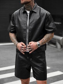SLATEMANN 男士街头时尚衬衫短裤套装 - 黑色 - 查看 5