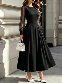Balvessa Elegant Long Sleeve White Midi Dress, Round Neck High Waist A-Line Flowing Formal Evening Gown - Black - View 1