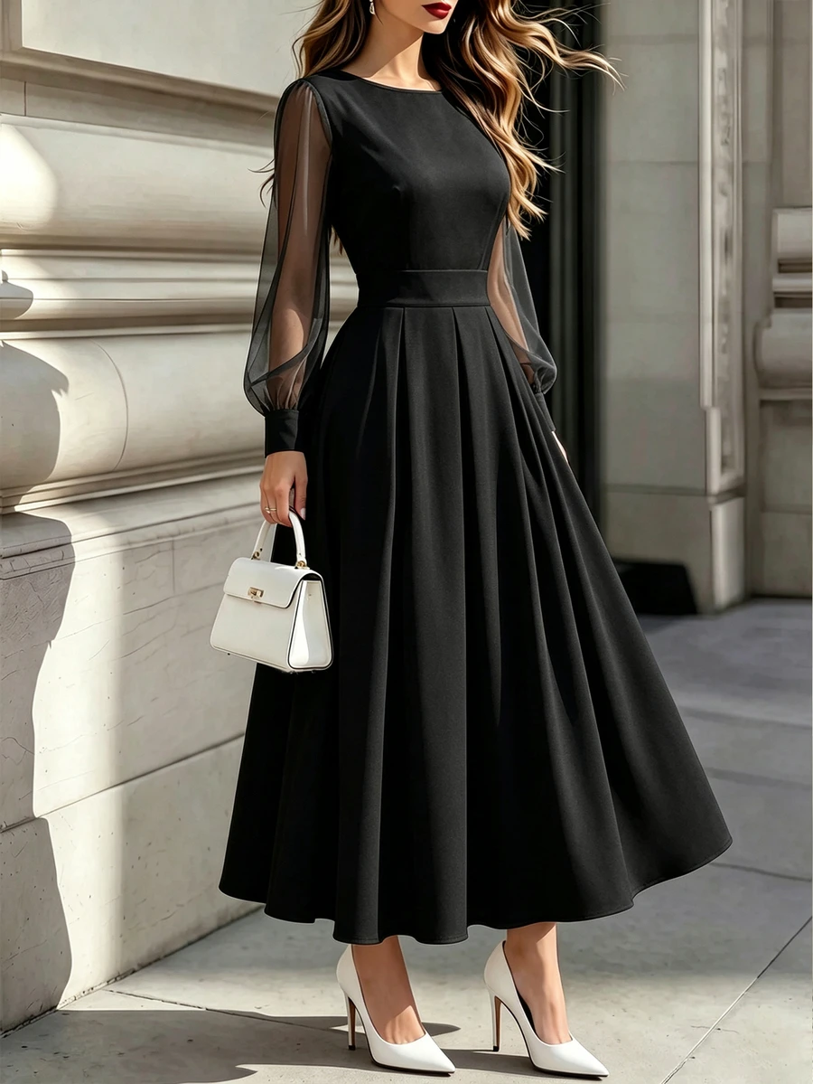 Balvessa Elegant Long Sleeve White Midi Dress, Round Neck High Waist A-Line Flowing Formal Evening Gown - Black - View 1