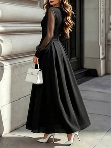 Balvessa Elegant Long Sleeve White Midi Dress, Round Neck High Waist A-Line Flowing Formal Evening Gown - Black - View 2