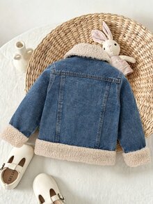 Girls' Autumn/Winter Denim Jacket, Lambswool Collar, Patchwork Frayed Cuffs And Hem, Washed Blue Denim Jacket, Girls' Casual Stylish Top - Dark Wash - View 2
