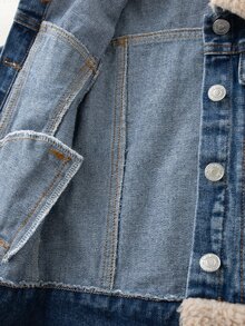 Girls' Autumn/Winter Denim Jacket, Lambswool Collar, Patchwork Frayed Cuffs And Hem, Washed Blue Denim Jacket, Girls' Casual Stylish Top - Dark Wash - View 5