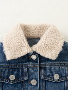 Girls' Autumn/Winter Denim Jacket, Lambswool Collar, Patchwork Frayed Cuffs And Hem, Washed Blue Denim Jacket, Girls' Casual Stylish Top - Dark Wash - View 4