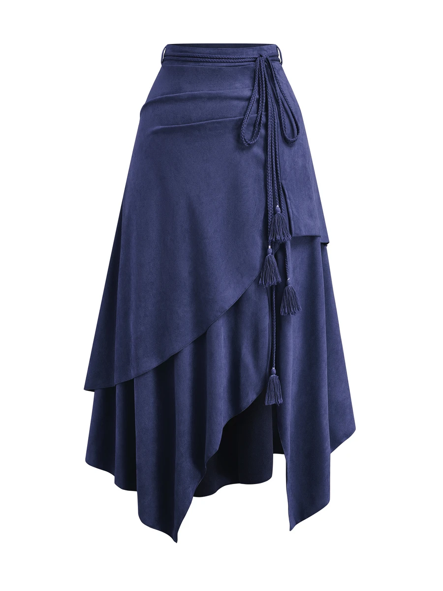 Sweetra Plus Size Spring Autumn Vintage Suede Flannel Skirt Design Elastic Waist Asymmetrical Hem A-Line Long Skirt Fall - Navy Blue - View 1