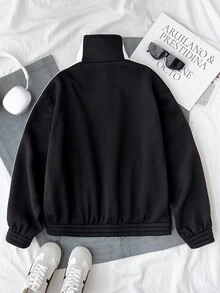 SHEIN 青少年女孩抓絨內裡立領黑色中式盤扣夾克，條紋秋季穿搭，返校季，冬季，長袖，舒適保暖 - 黑色 - 查看 2