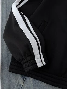 SHEIN 青少年女孩抓絨內裡立領黑色中式盤扣夾克，條紋秋季穿搭，返校季，冬季，長袖，舒適保暖 - 黑色 - 查看 7