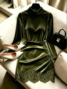 GlowEve Fall Clothes FOR WomenWomen's Knitted Lace Trim Elegant Autumn Dress - Army Green - View 1
