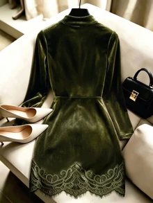 GlowEve Fall Clothes FOR WomenWomen's Knitted Lace Trim Elegant Autumn Dress - Army Green - View 2