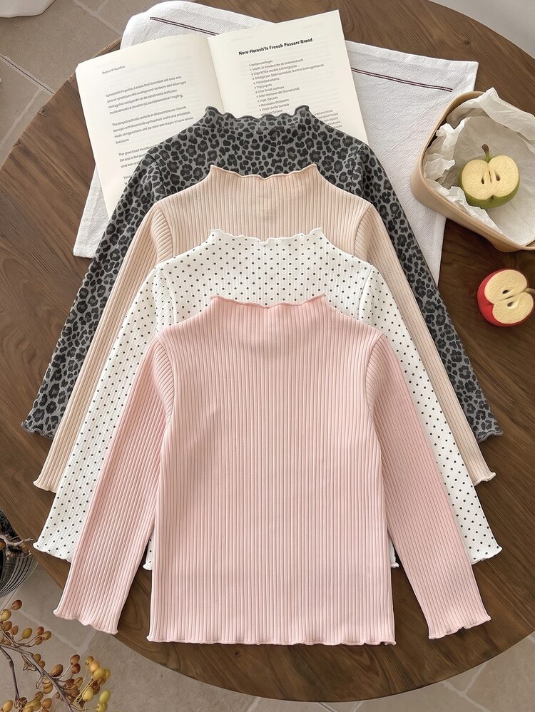 SHEIN Toddler Girls Ribbed Ruffle Trim Mock Neck Top, Leopard Print Polka Dot, Fall Winter, 2 Pieces - Multicolor - View 2