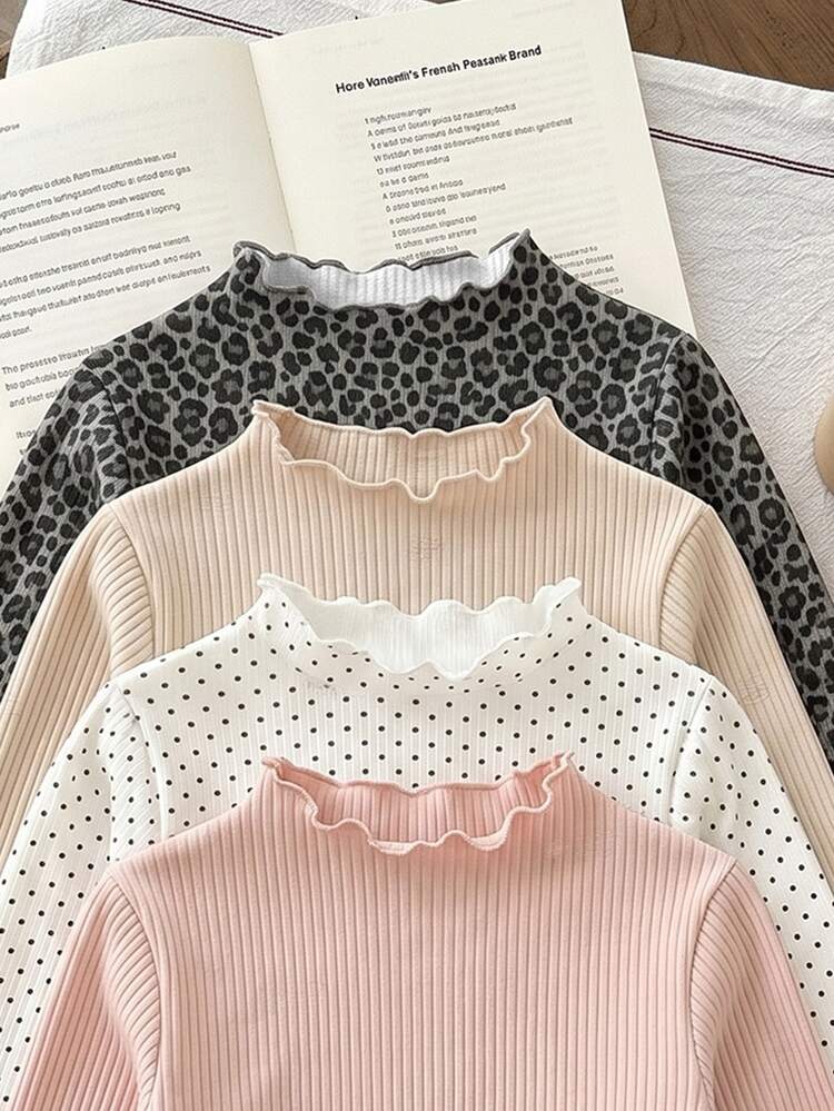 SHEIN Toddler Girls Ribbed Ruffle Trim Mock Neck Top, Leopard Print Polka Dot, Fall Winter, 2 Pieces - Multicolor - View 6