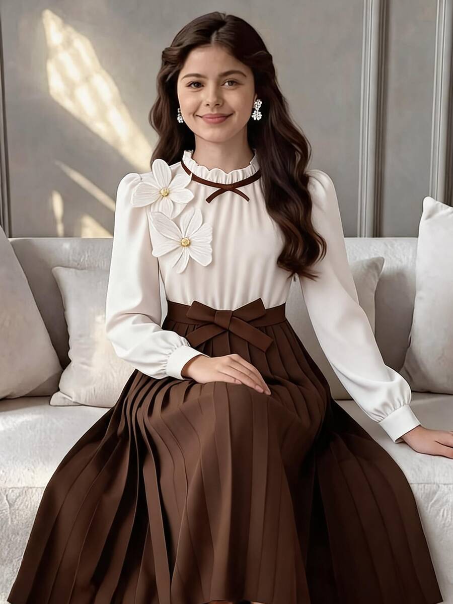 SHEIN 女童秋季/聖誕棕色與白色長袖洋裝,休閒可愛優雅百搭兒童服飾,大童女孩日常穿著校園派對 - 棕色 - 查看 1