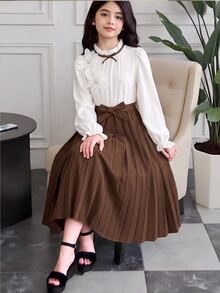 SHEIN 女童秋季/聖誕棕色與白色長袖洋裝，休閒可愛優雅百搭兒童服飾，大童女孩日常穿著校園派對 - 棕色 - 查看 4