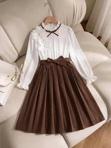 SHEIN 女童秋季/聖誕棕色與白色長袖洋裝，休閒可愛優雅百搭兒童服飾，大童女孩日常穿著校園派對 - 棕色 - 查看 7