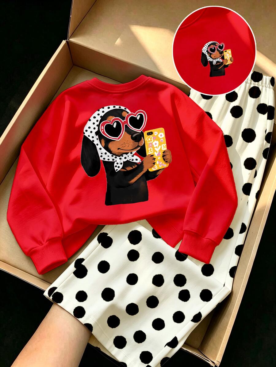 Toddler Girls Crew Neck Sweatshirt & Polka Dot Wide Leg Pants Set Cartoon Puppy Heart Print Fall Winter 1 Set - Multicolor - View 1