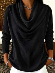 Trelyra Women's Solid Color Cowl Neck Long Sleeve Casual Top - Black - View 1