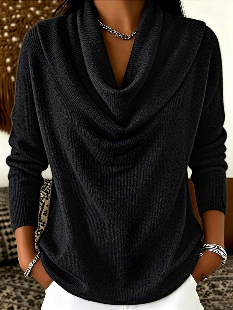 Trelyra Women's Solid Color Cowl Neck Long Sleeve Casual Top - Black - View 1