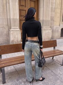 TRNVIE Sweater Rajut Wanita Lengan Panjang Slim Fit Model Turtleneck dengan Hiasan Kancing di Bahu, Musim Gugur/Dingin - Hitam - View 2