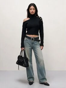 TRNVIE Sweater Rajut Wanita Lengan Panjang Slim Fit Model Turtleneck dengan Hiasan Kancing di Bahu, Musim Gugur/Dingin - Hitam - View 1
