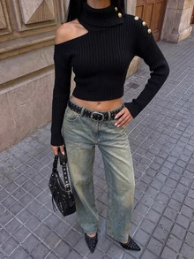 TRNVIE Sweater Rajut Wanita Lengan Panjang Slim Fit Model Turtleneck dengan Hiasan Kancing di Bahu, Musim Gugur/Dingin - Hitam - View 7