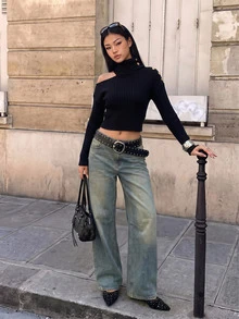 TRNVIE Sweater Rajut Wanita Lengan Panjang Slim Fit Model Turtleneck dengan Hiasan Kancing di Bahu, Musim Gugur/Dingin - Hitam - View 5