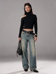 TRNVIE Sweater Rajut Wanita Lengan Panjang Slim Fit Model Turtleneck dengan Hiasan Kancing di Bahu, Musim Gugur/Dingin - Hitam - View 4