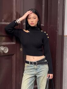 TRNVIE Sweater Rajut Wanita Lengan Panjang Slim Fit Model Turtleneck dengan Hiasan Kancing di Bahu, Musim Gugur/Dingin - Hitam - View 9