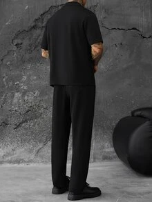 SLATEMANN Men's Summer Casual Short Sleeve Shirt And Long Pants Set - Black - View 2