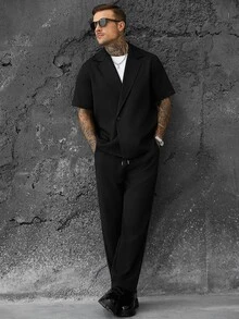 SLATEMANN Men's Summer Casual Short Sleeve Shirt And Long Pants Set - Black - View 1