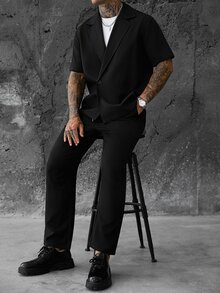 SLATEMANN Men's Summer Casual Short Sleeve Shirt And Long Pants Set - Black - View 5