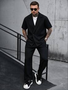 SLATEMANN Men's Summer Casual Short Sleeve Shirt And Long Pants Set - Black - View 3