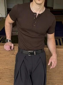 SWAVVY Men's Summer Casual Slim Fit Short Sleeve T-Shirt, Standard Size, Crew Neck, Brown Solid Color With Buttons - Brown - View 1