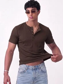 SWAVVY Men's Summer Casual Slim Fit Short Sleeve T-Shirt, Standard Size, Crew Neck, Brown Solid Color With Buttons - Brown - View 2