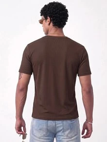 SWAVVY Men's Summer Casual Slim Fit Short Sleeve T-Shirt, Standard Size, Crew Neck, Brown Solid Color With Buttons - Brown - View 3